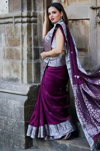 wine grey soft art silk banarasi jacuard work designer party wear saree with unstitched blouse piece
