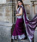 wine grey soft art silk banarasi jacuard work designer party wear saree with unstitched blouse piece