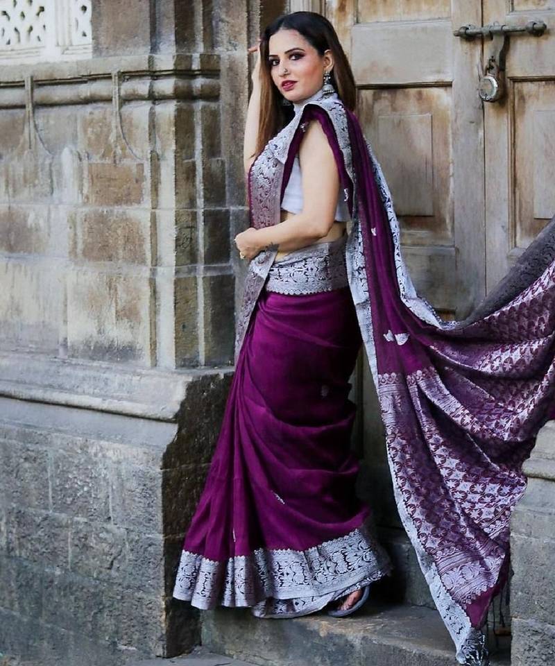 wine grey soft art silk banarasi jacuard work designer party wear saree with unstitched blouse piece
