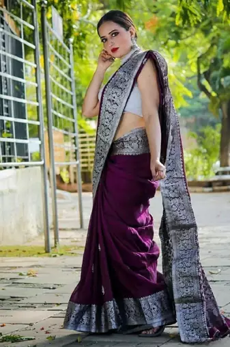 wine silk blend banarasi saree with unstitched blouse piece