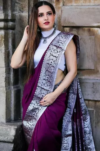 wine silk blend banarasi saree with unstitched blouse piece