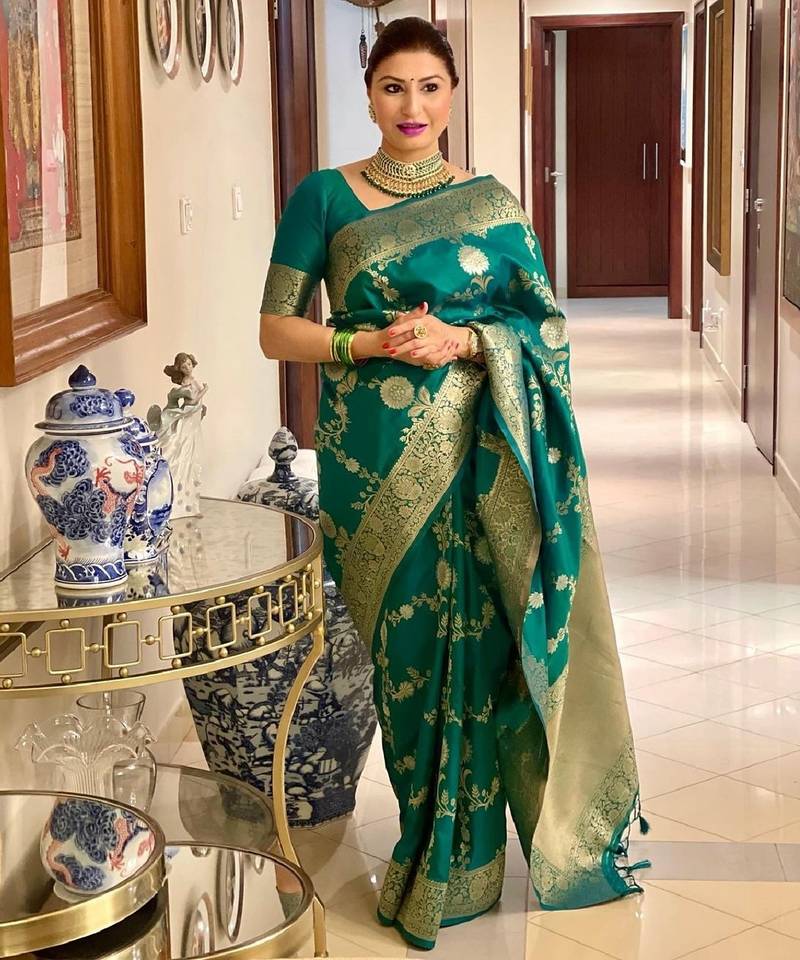 rama soft art silk banarasi jacuard work designer party wear saree with unstitched blouse piece