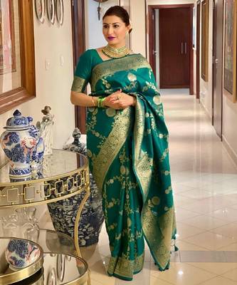 rama silk blend banarasi saree with unstitched blouse piece 2