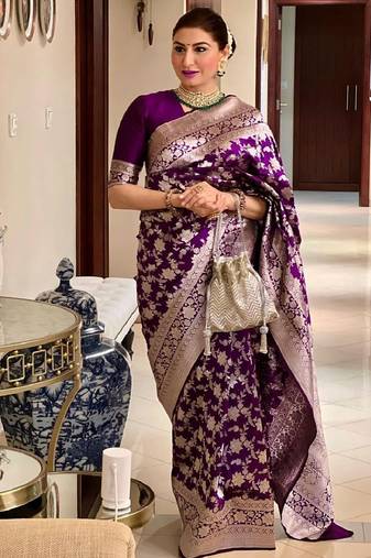 wine soft art silk banarasi jacuard work designer party wear saree with unstitched blouse piece