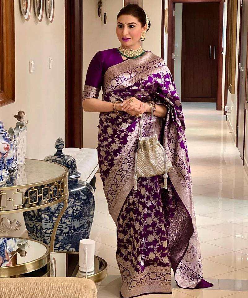 wine soft art silk banarasi jacuard work designer party wear saree with unstitched blouse piece