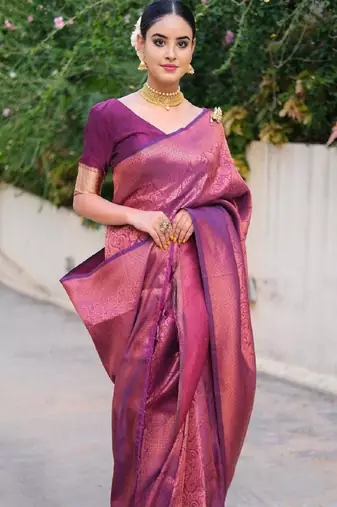 purple soft art silk banarasi jacuard work designer party wear saree with unstitched blouse piece