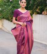 purple silk blend banarasi saree with unstitched blouse piece