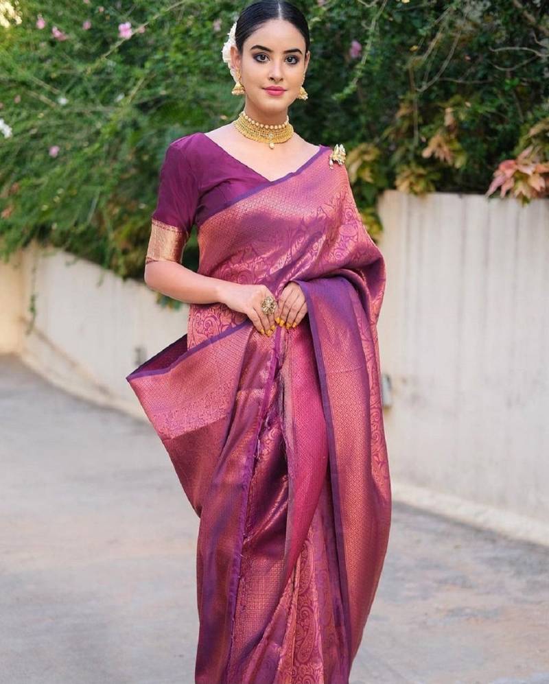 purple soft art silk banarasi jacuard work designer party wear saree with unstitched blouse piece