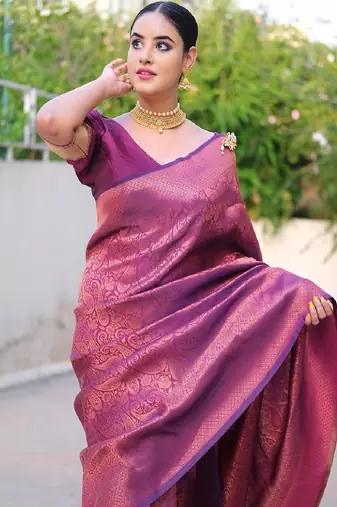 purple silk blend banarasi saree with unstitched blouse piece