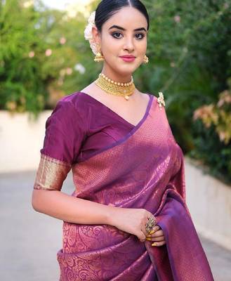 purple silk blend banarasi saree with unstitched blouse piece 3