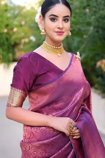 purple silk blend banarasi saree with unstitched blouse piece