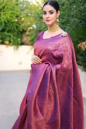 purple silk blend banarasi saree with unstitched blouse piece