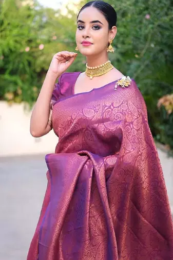 purple silk blend banarasi saree with unstitched blouse piece