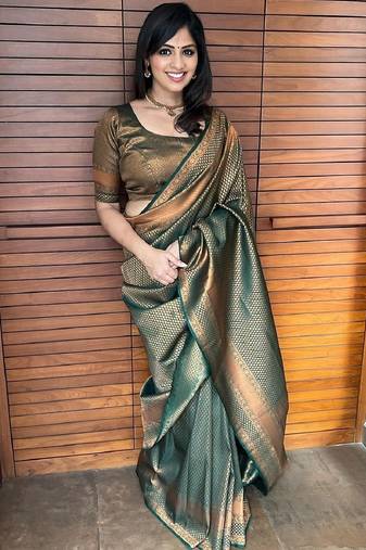 green soft art silk banarasi jacuard work designer party wear saree with unstitched blouse piece