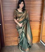 green soft art silk banarasi jacuard work designer party wear saree with unstitched blouse piece