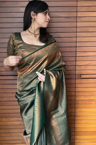 green silk blend banarasi saree with unstitched blouse piece