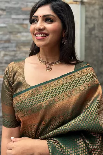 green silk blend banarasi saree with unstitched blouse piece