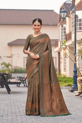 green silk blend banarasi saree with unstitched blouse piece 1