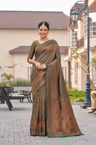 green soft art silk banarasi jacuard work designer party wear saree with unstitched blouse piece