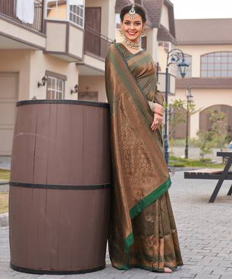 green silk blend banarasi saree with unstitched blouse piece 2