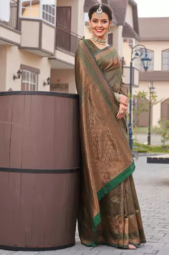 green silk blend banarasi saree with unstitched blouse piece