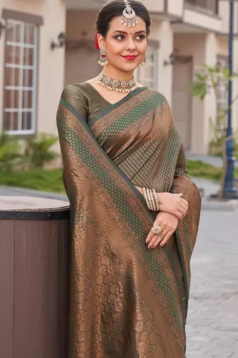 green silk blend banarasi saree with unstitched blouse piece