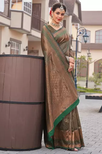 green silk blend banarasi saree with unstitched blouse piece