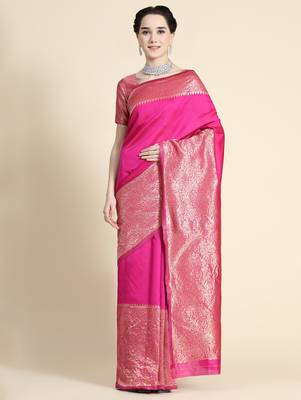 Pink silk blend banarasi saree with unstitched blouse piece 1