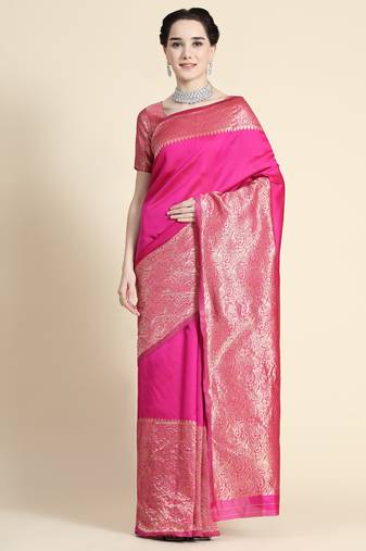 Pink soft silk blend banarasi jacuard work designer party wear saree with unstitched blouse piece
