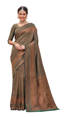 green silk blend banarasi saree with unstitched blouse piece 5