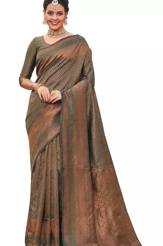 green silk blend banarasi saree with unstitched blouse piece