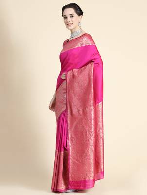 Pink silk blend banarasi saree with unstitched blouse piece 2