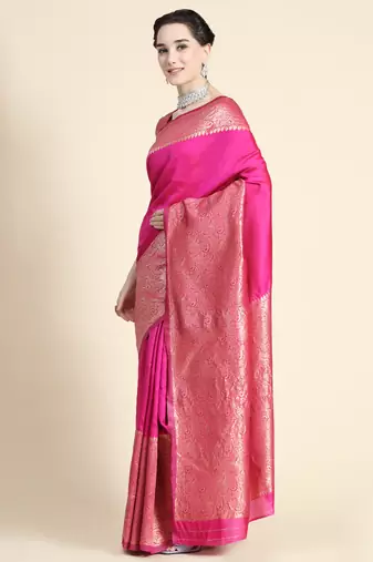 Pink silk blend banarasi saree with unstitched blouse piece