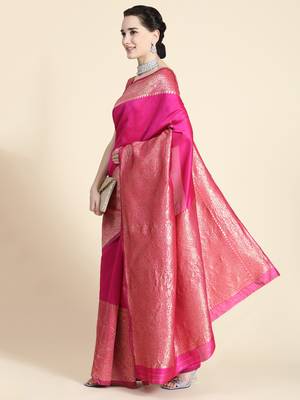 Pink silk blend banarasi saree with unstitched blouse piece 3