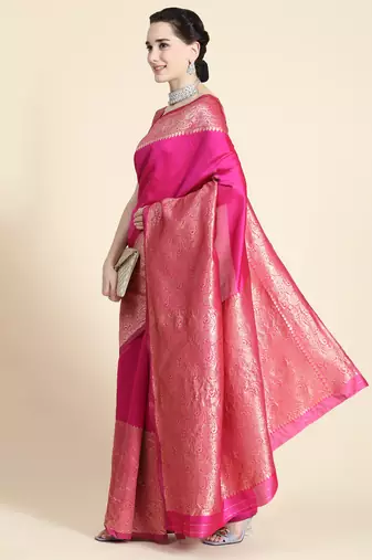 Pink silk blend banarasi saree with unstitched blouse piece