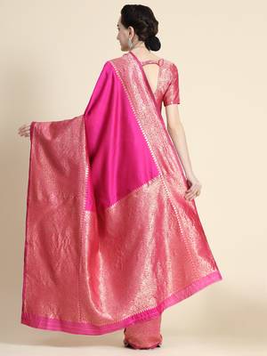 Pink silk blend banarasi saree with unstitched blouse piece 4