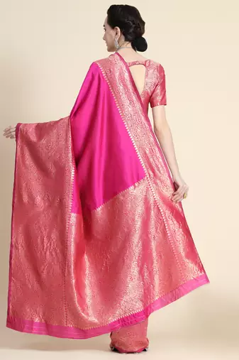 Pink silk blend banarasi saree with unstitched blouse piece
