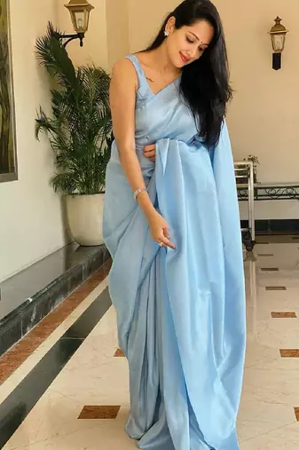 sjy blue silk blend banarasi saree with unstitched blouse piece