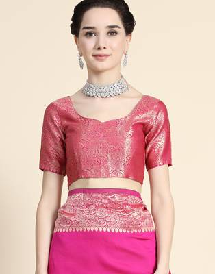 Pink silk blend banarasi saree with unstitched blouse piece 5