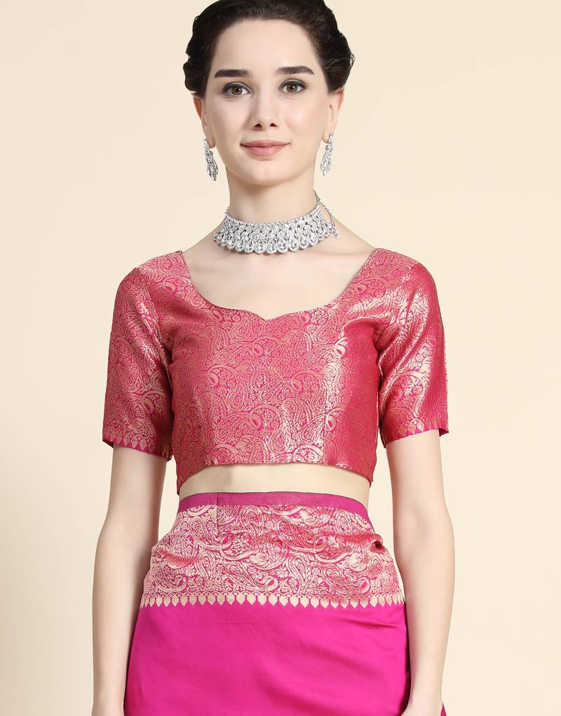 Pink soft silk blend banarasi jacuard work designer party wear saree with unstitched blouse piece