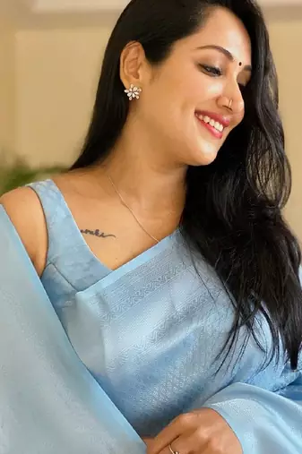 sjy blue silk blend banarasi saree with unstitched blouse piece