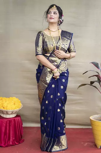 Blue silk blend banarasi saree with unstitched blouse piece