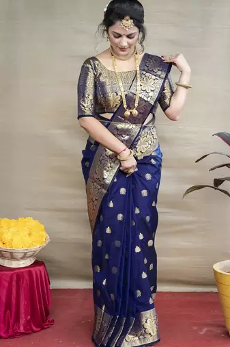 Blue silk blend banarasi saree with unstitched blouse piece