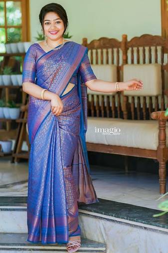 blue soft art silk banarasi jacuard work designer party wear saree with unstitched blouse piece