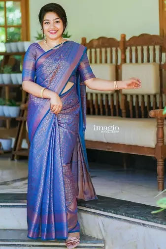 blue soft art silk banarasi jacuard work designer party wear saree with unstitched blouse piece