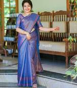 blue soft art silk banarasi jacuard work designer party wear saree with unstitched blouse piece