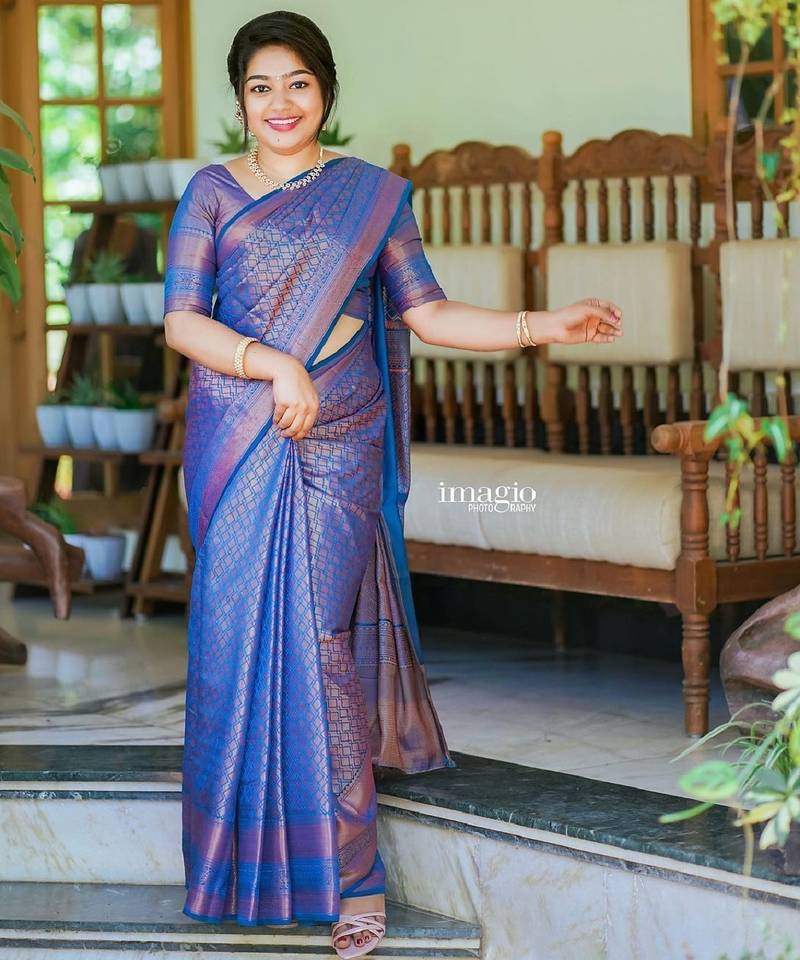 blue soft art silk banarasi jacuard work designer party wear saree with unstitched blouse piece