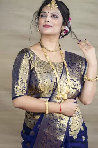 Blue silk blend banarasi saree with unstitched blouse piece