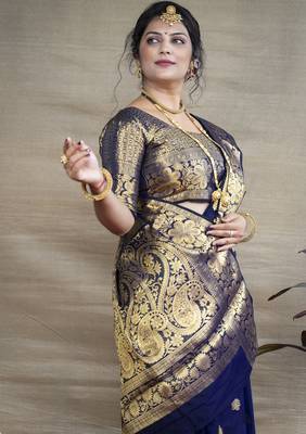 Blue silk blend banarasi saree with unstitched blouse piece 1