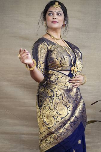 Blue soft silk blend banarasi jacuard work designer party wear saree with unstitched blouse piece